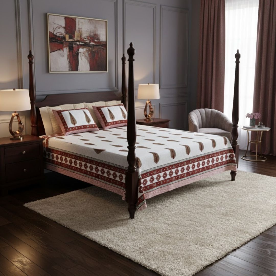 Ethnic Motif Maroon Block Print Pure Cotton Double Bedsheet
